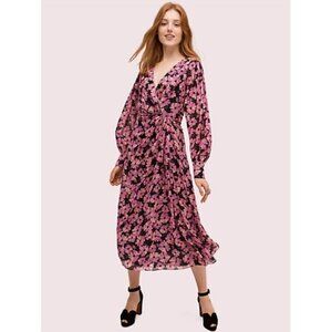 NWT Kate Spade Floral Chiffon Midi Dress Pink Black 4